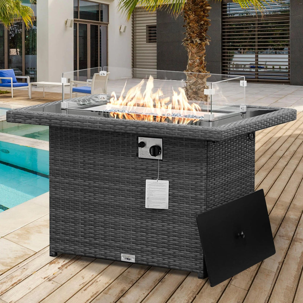 Gray Wicker Propane Fire Pit Table 55,000 BTU R362695