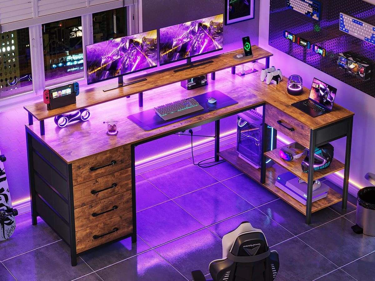 L Shaped Desk with LED Lights and Power Outlets G64117