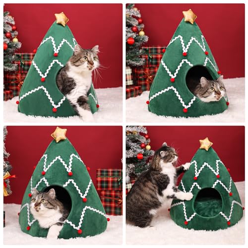 Cat Bed Christmas Hat Cat Tent House 2 in 1 Removable Triangle Pet Teepee R95724