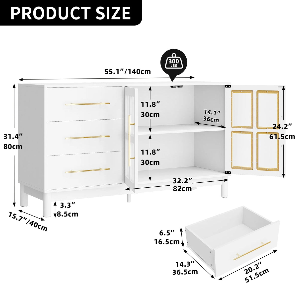 White Buffet Sideboard with 3 Drawers & 2 Door I16560