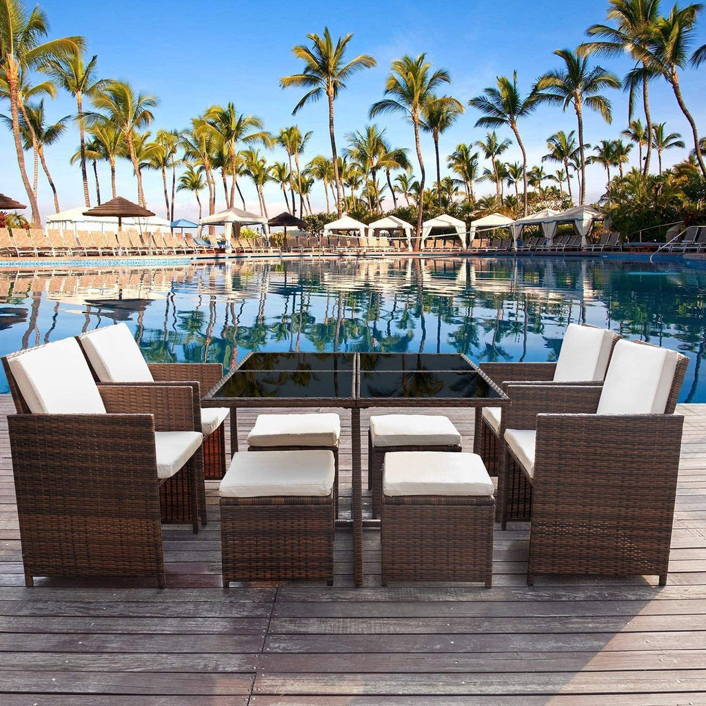 9 Pieces Wicker Rattan Patio Dining Set with Tempered Glass Table S230