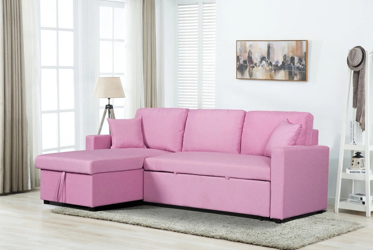 Pink Linen Reversible Sleeper Sectional Sofa with Storage B55380