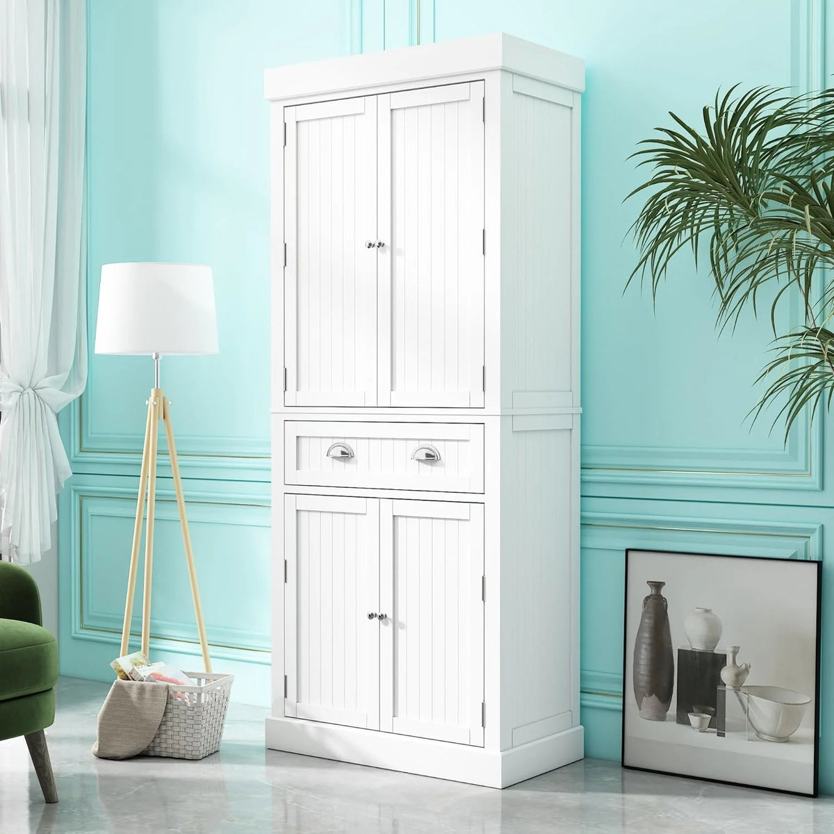 72" Tall White Kitchen Pantry with 4 Doors W967