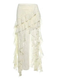 Lace Ruffle Irregular Hem Midi Skirt R3070
