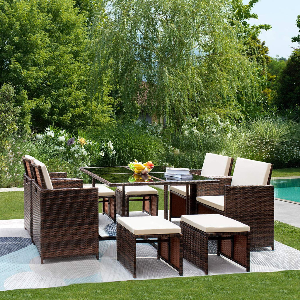 9 Pieces Wicker Rattan Patio Dining Set with Tempered Glass Table S230