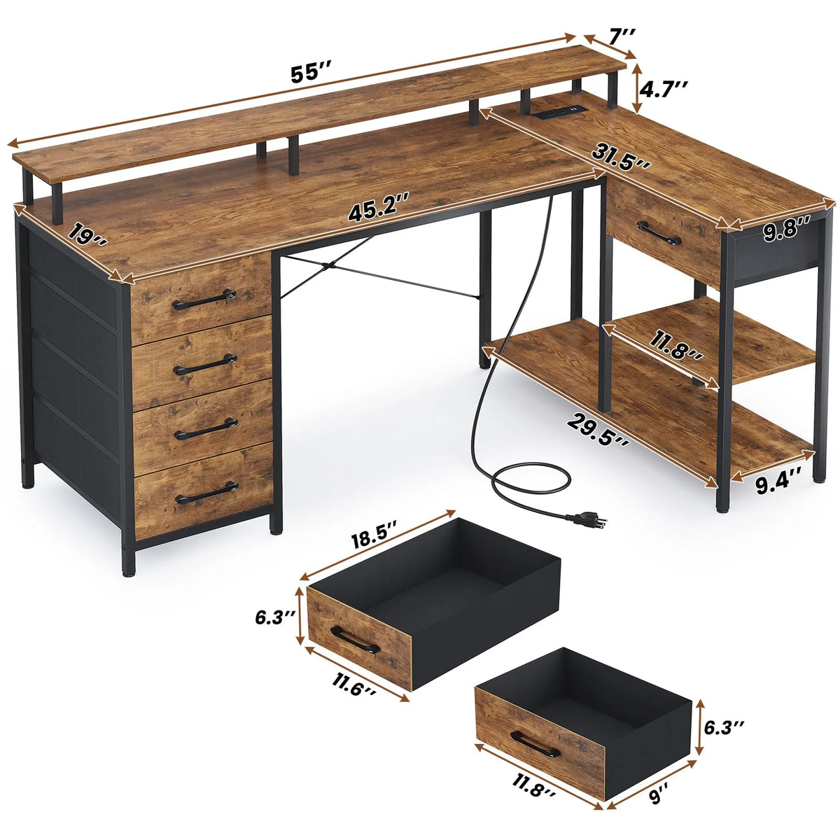 L Shaped Desk with LED Lights and Power Outlets G64117