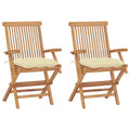 Set of 2 Cream White Cushion Teak Wood Foldable Outdoor Dining Chairs Z39859