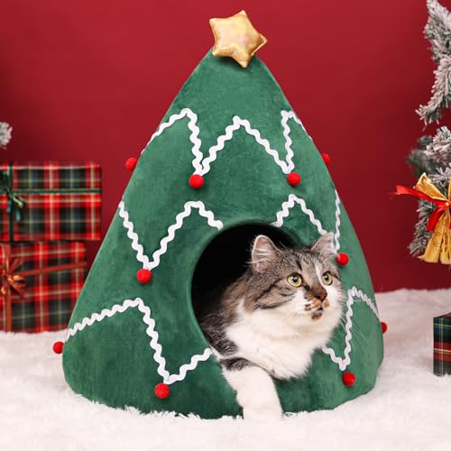 Cat Bed Christmas Hat Cat Tent House 2 in 1 Removable Triangle Pet Teepee R95724